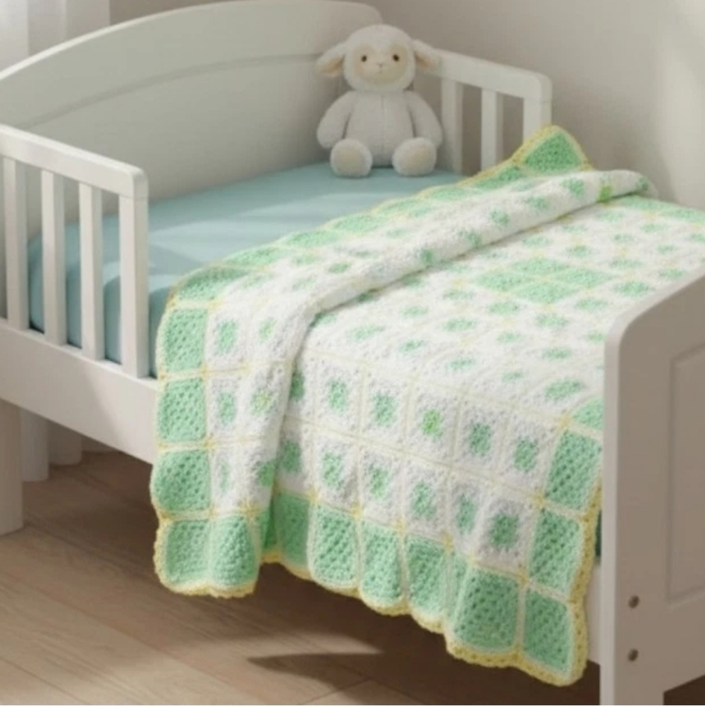 Hand Knit Crochet Blanket, Crib/Twin Green White Yellow 39"x40" Project Linus - Picture 2 of 7